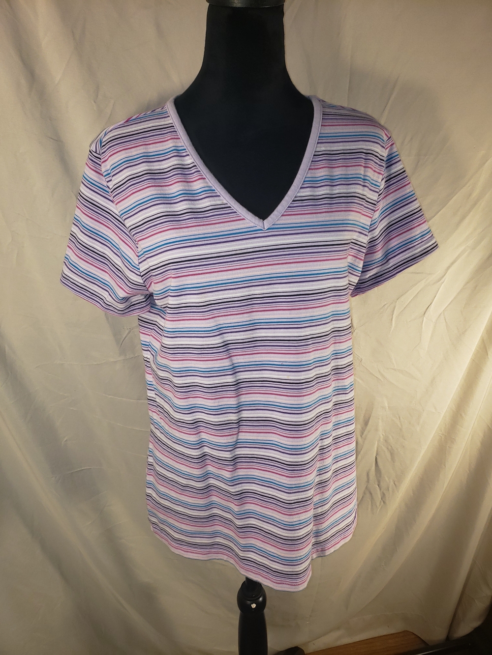 Striped Basic Editions V-Neck Women’s Tee in Pastel Multi - L